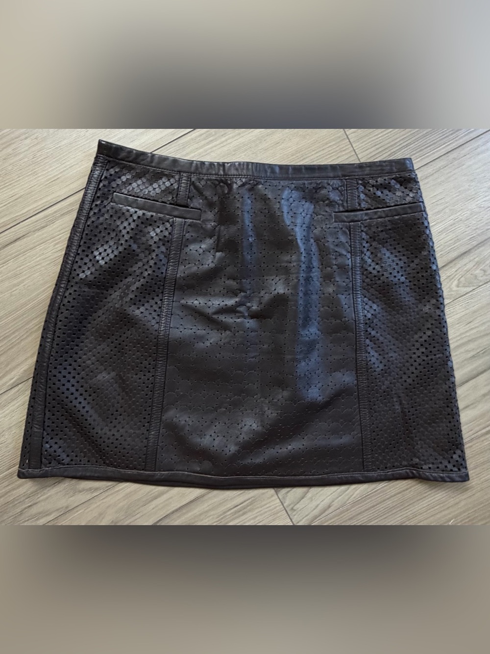 VTG Tibi Brown Leather Perforated Detail Lined Mini Skirt Sx 4